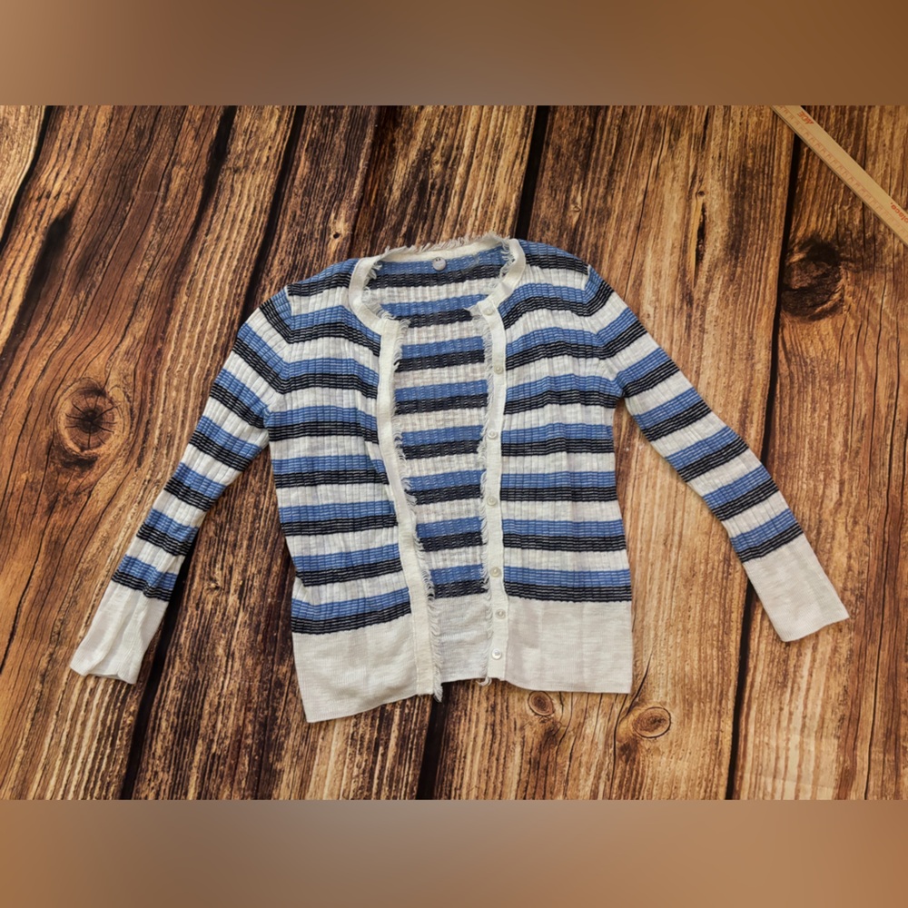 Margaret O’Leary White & Coastal Navy Blue Striped Fray Cardigan Sweater XS